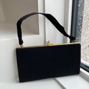 VINTAGE Slim Black Fabric Evening Frame Bag Gold Tone Kiss Closure 50's 60's